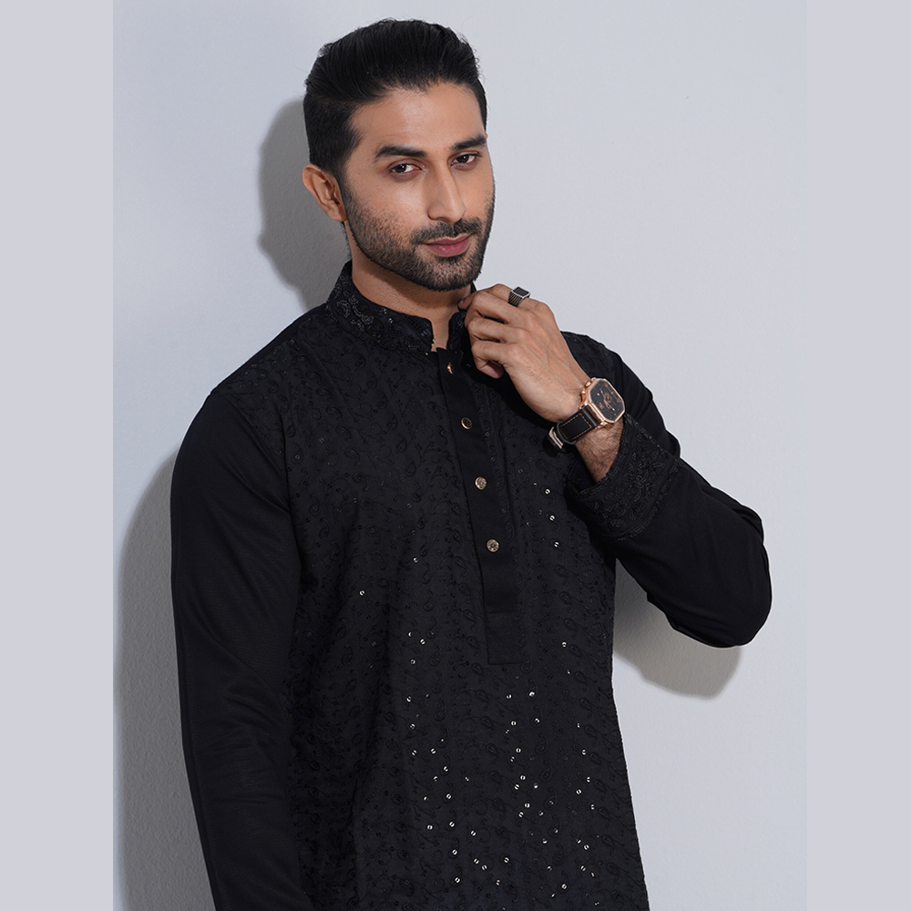 Aman Cotton Chikanakri Work Panjabi for Men - Black - P24