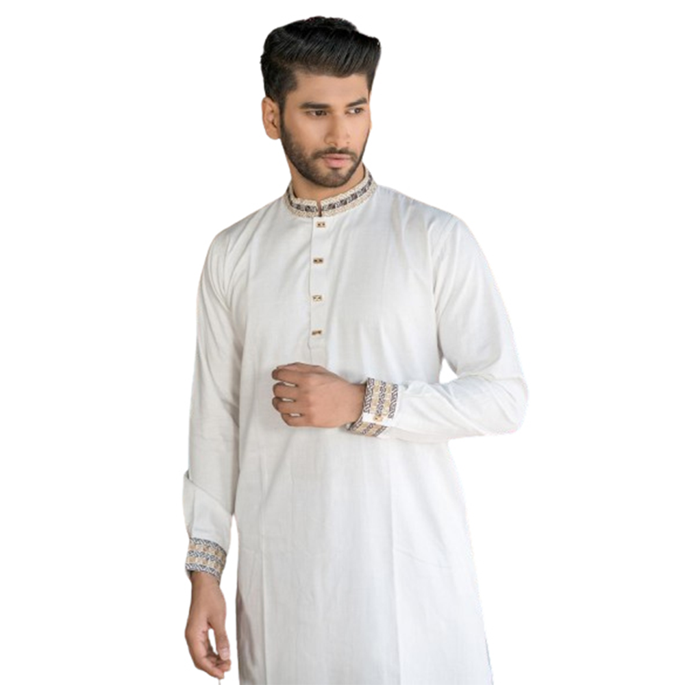 Cotton Embroidery Semi Long Panjabi For Men - White - P-N68