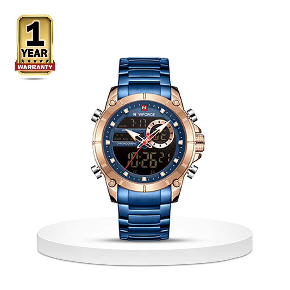 Naviforce NF9163 Stainless Steel Dual Time Wrist Watch For Men - Rose Gold and Royal Blue