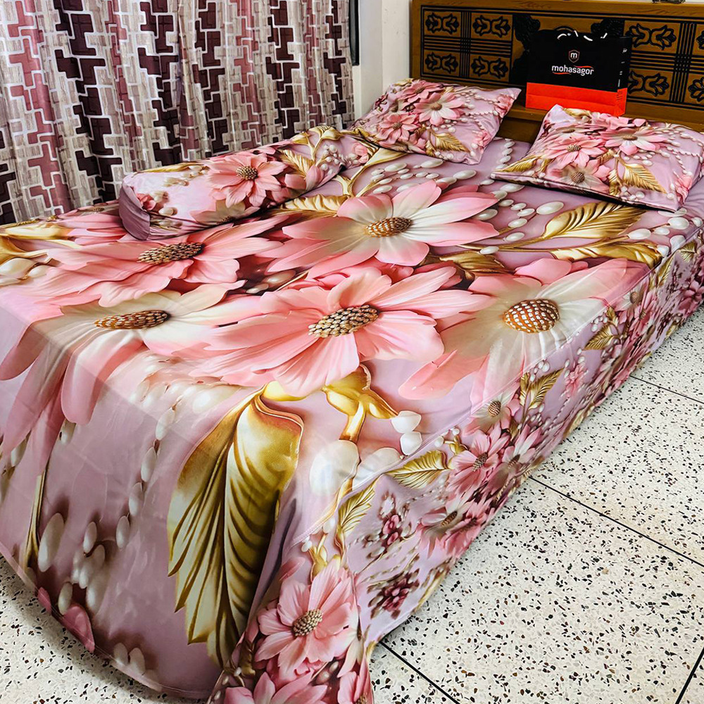 China Cherry Cotton King Size 3D Design Bedsheet With Pillow Covers - Multicolor - HS-00043