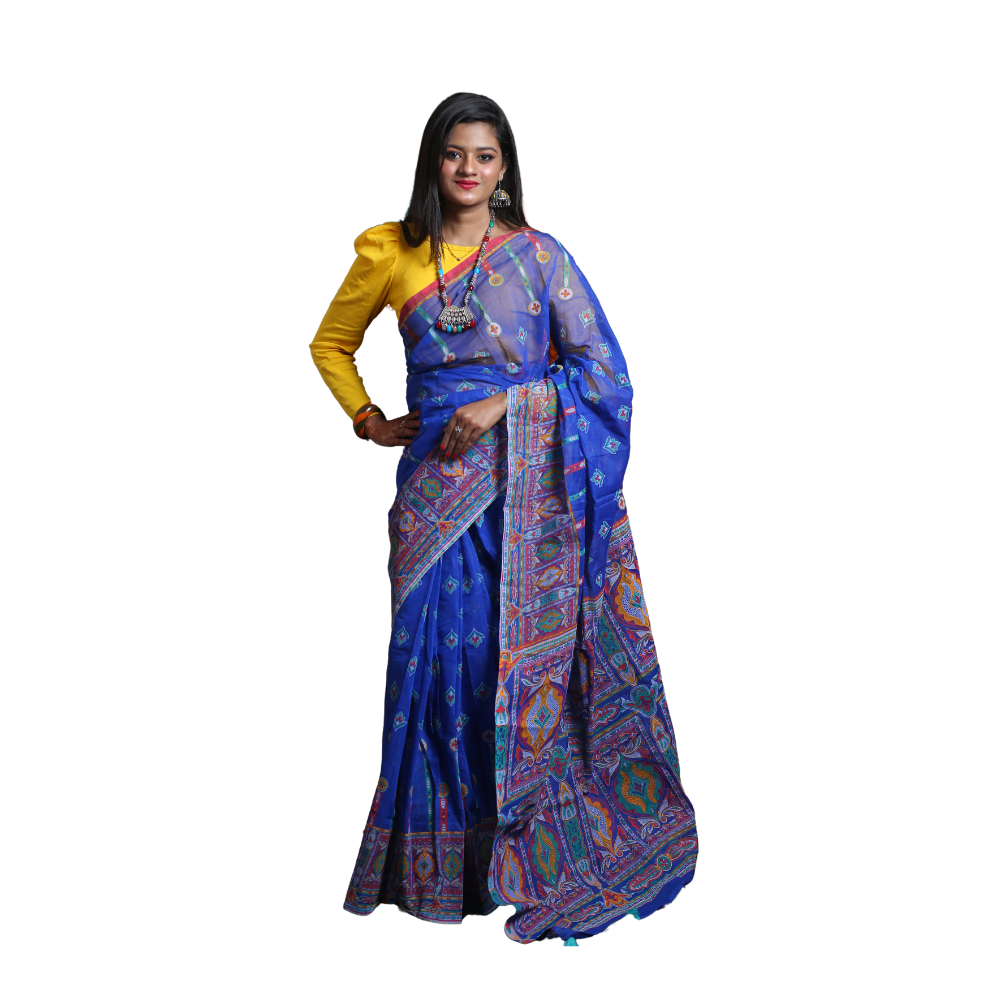 Skin Print Silk Cotton Saree For Women - Sapphire Blue - SC13