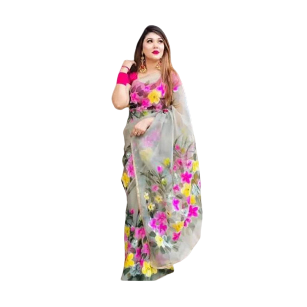 Hand Printed Half Silk Saree For Women - Multicolor - BAN137