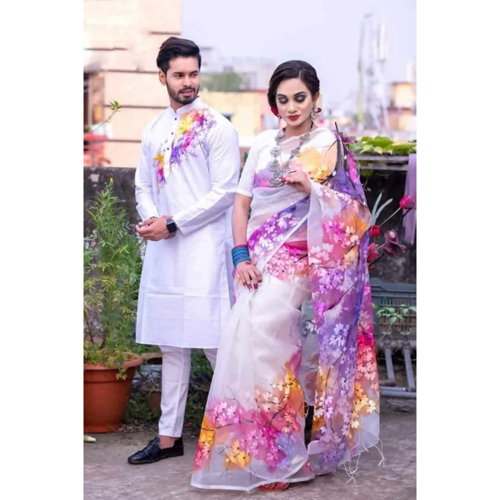 Half Silk Block Print Saree and Dhupian Cotton Panjabi Couple Set - Multicolor - 311