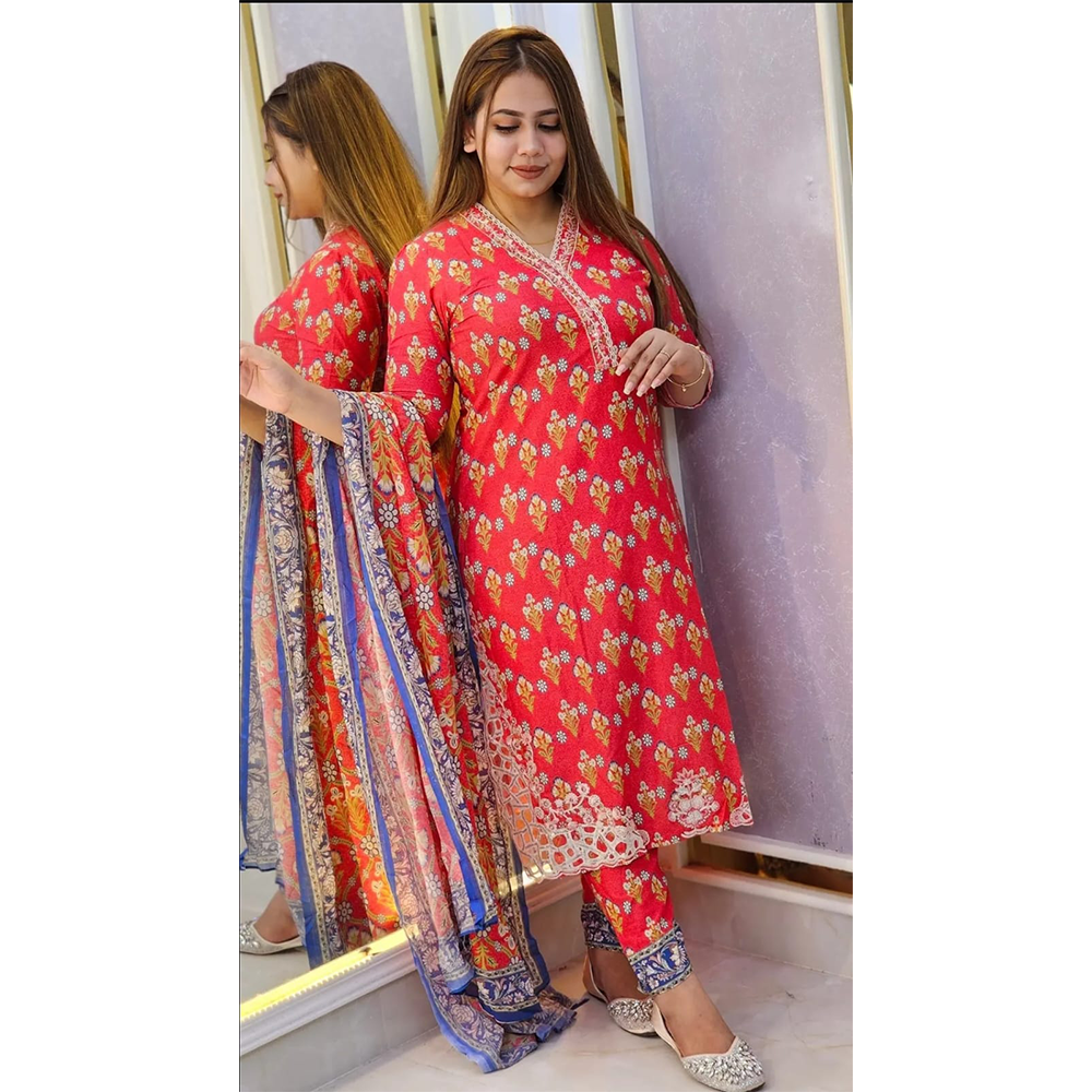 Cotton Printed Salwar Kameez For Women - Red - HS 00002