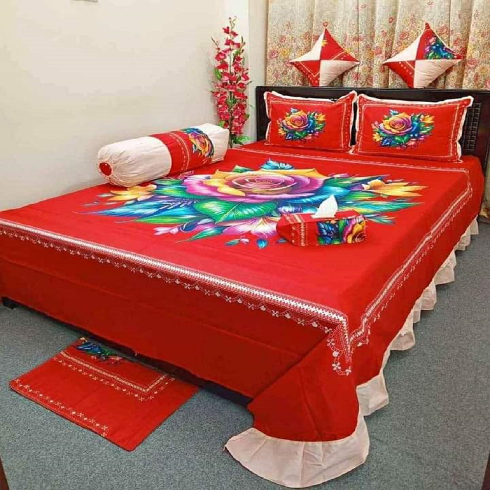 Cotton Panel 8 in 1 King Size Bedsheet - Red - S8-10
