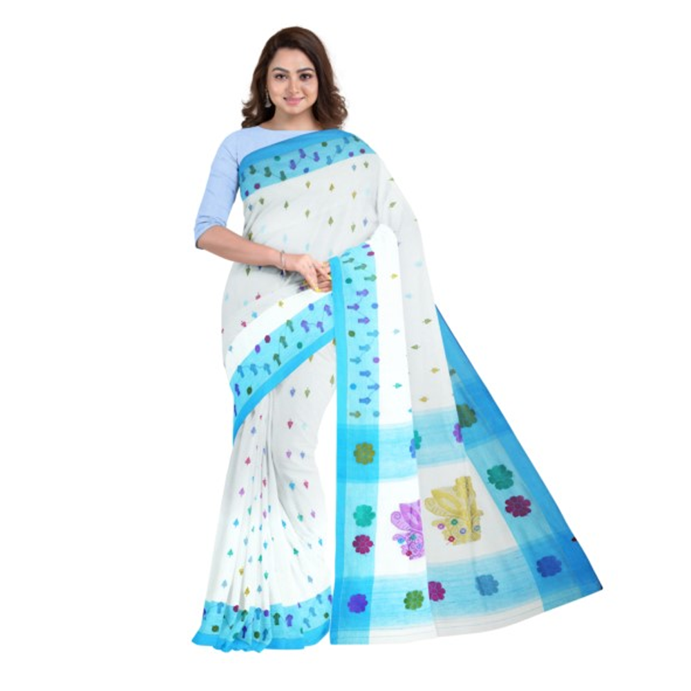 Complete Hand Work Full Cotton Jamdani Saree for Women - HW01 - White