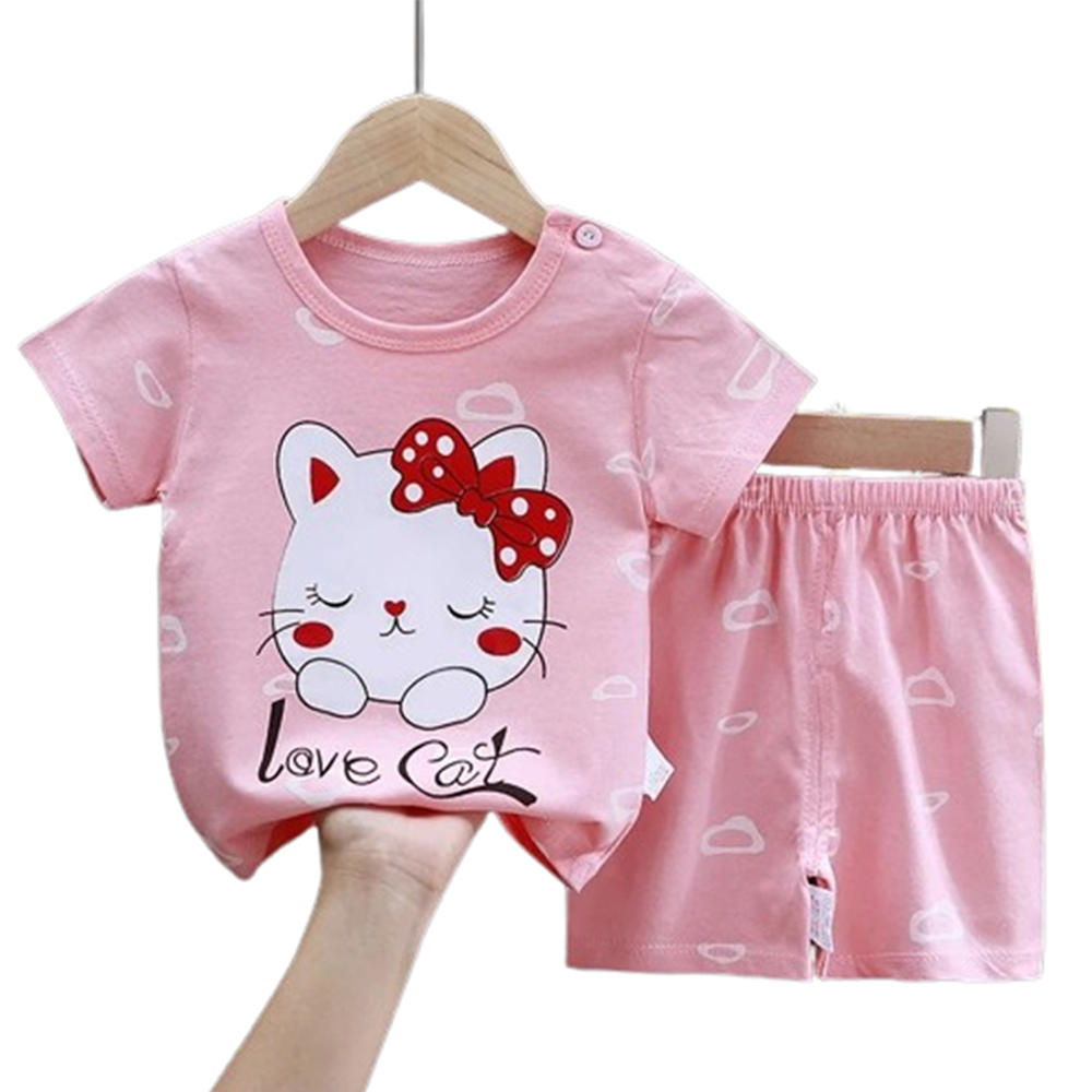 Cotton T-Shirt and Half Pant Set For Kids - Pink - BM-94