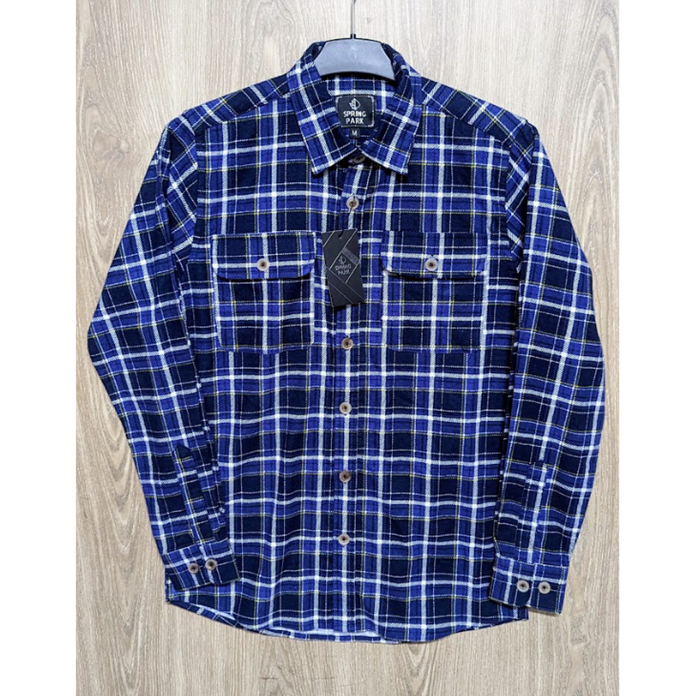 Flannel Cotton Check Double Pocket Casual Shirt - Blue - SP0052