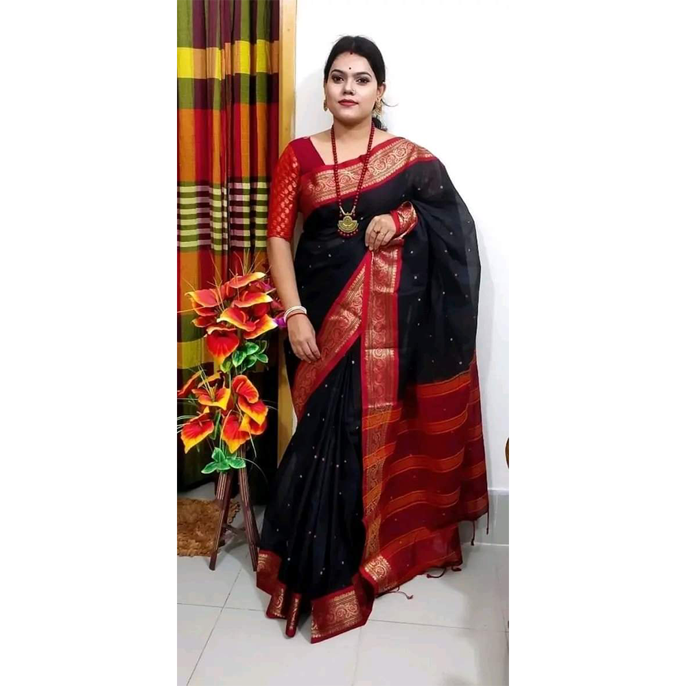 Mashlais Buti Cotton Saree with Blouse Piece For Women - Black - SP-M13