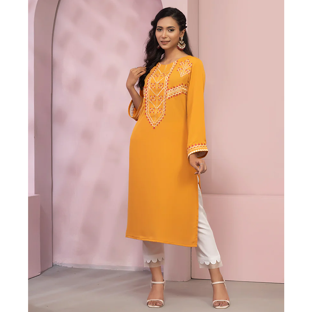 Cherry Georgette Kurti for Women - Mustard Yellow - 0223-000136