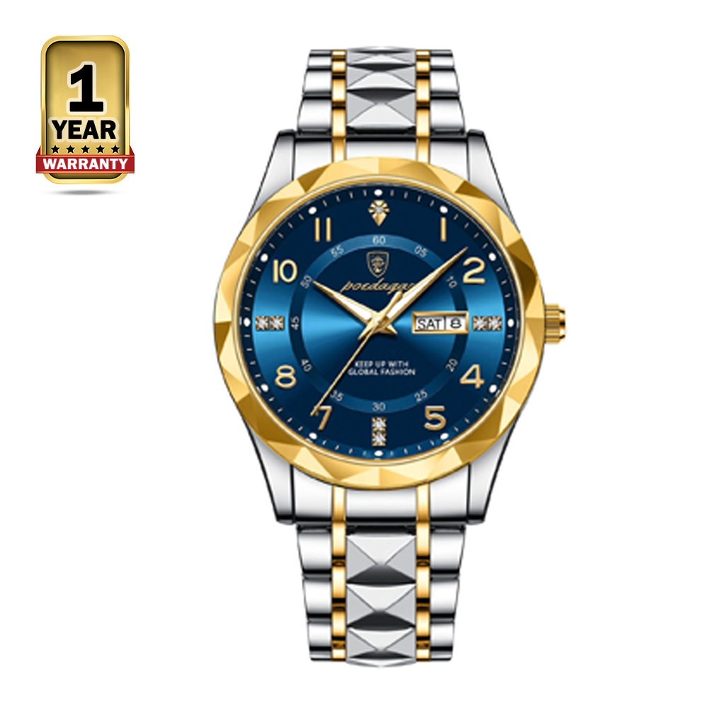 Poedagar 858 Stainless Steel Quartz Wristwatch for Men - Silver Golden and Blue 