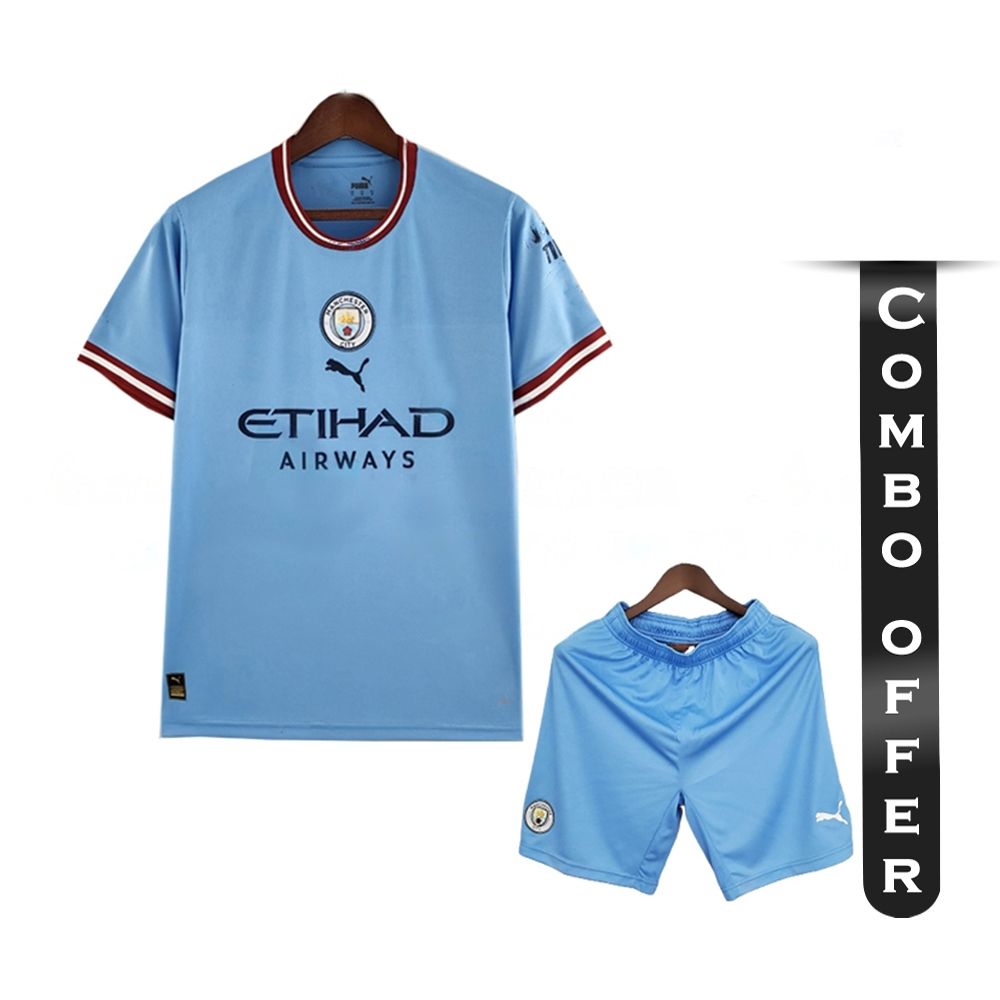 Combo of Manchester City Mesh Cotton Short Sleeve Home Jersey and Short Pant - Sky Blue - City H2