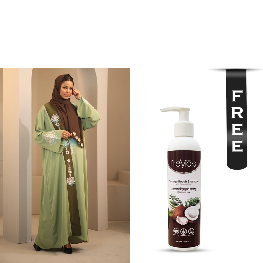 Buy Hiba Solid Fabric Abaya for Women - 0224 000259 - Light Olive and Get Freyias Damage Repair Shampoo with Coconut Milk - 220ml Free