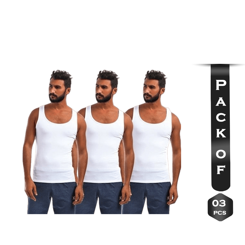 Pack of 3 Pcs Cotton Sleeveless Vest For Men - White - ST-23