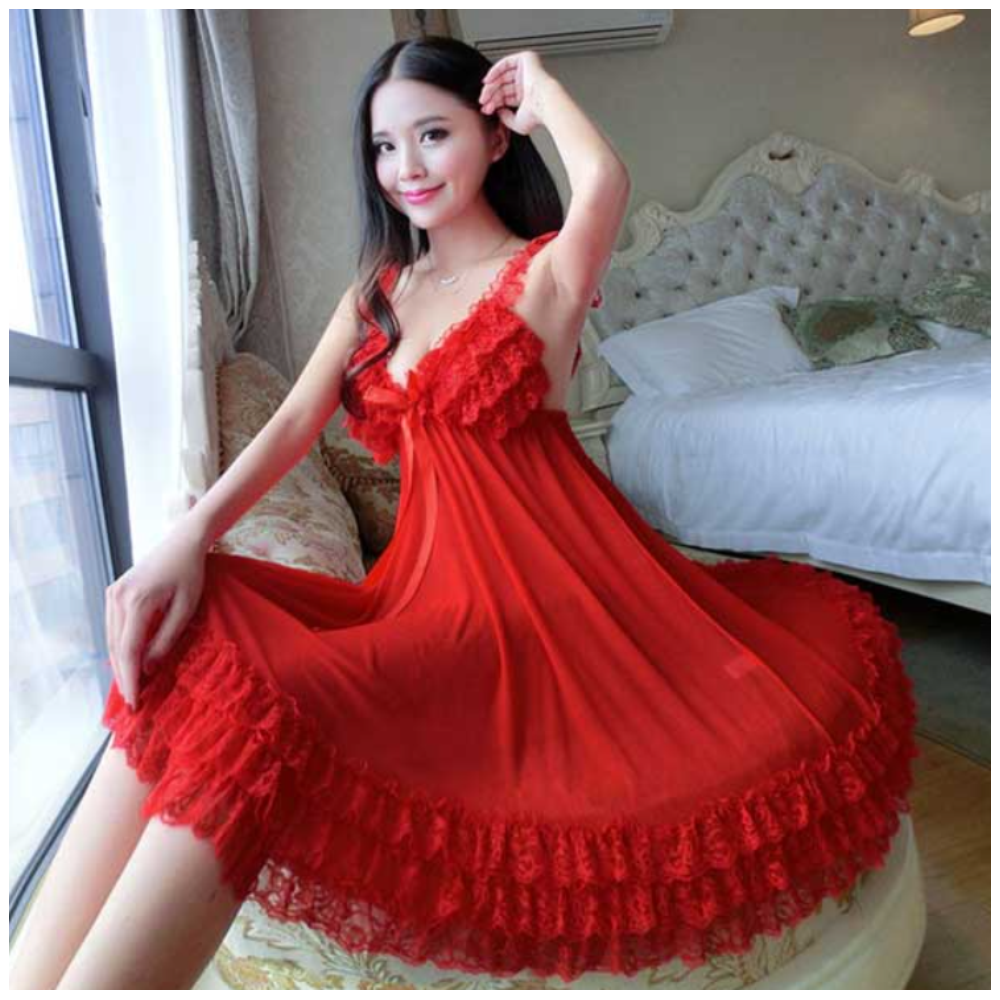 Satin Plain Nighty Dress 3 layer Lace With Robe - Red - N_3063