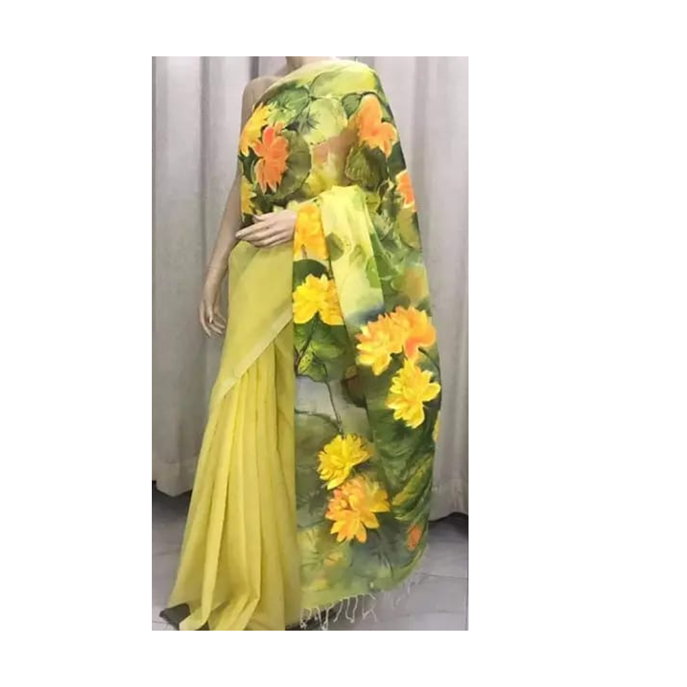 Hand Printed Half Silk Saree For Women - Multicolor - BAN126