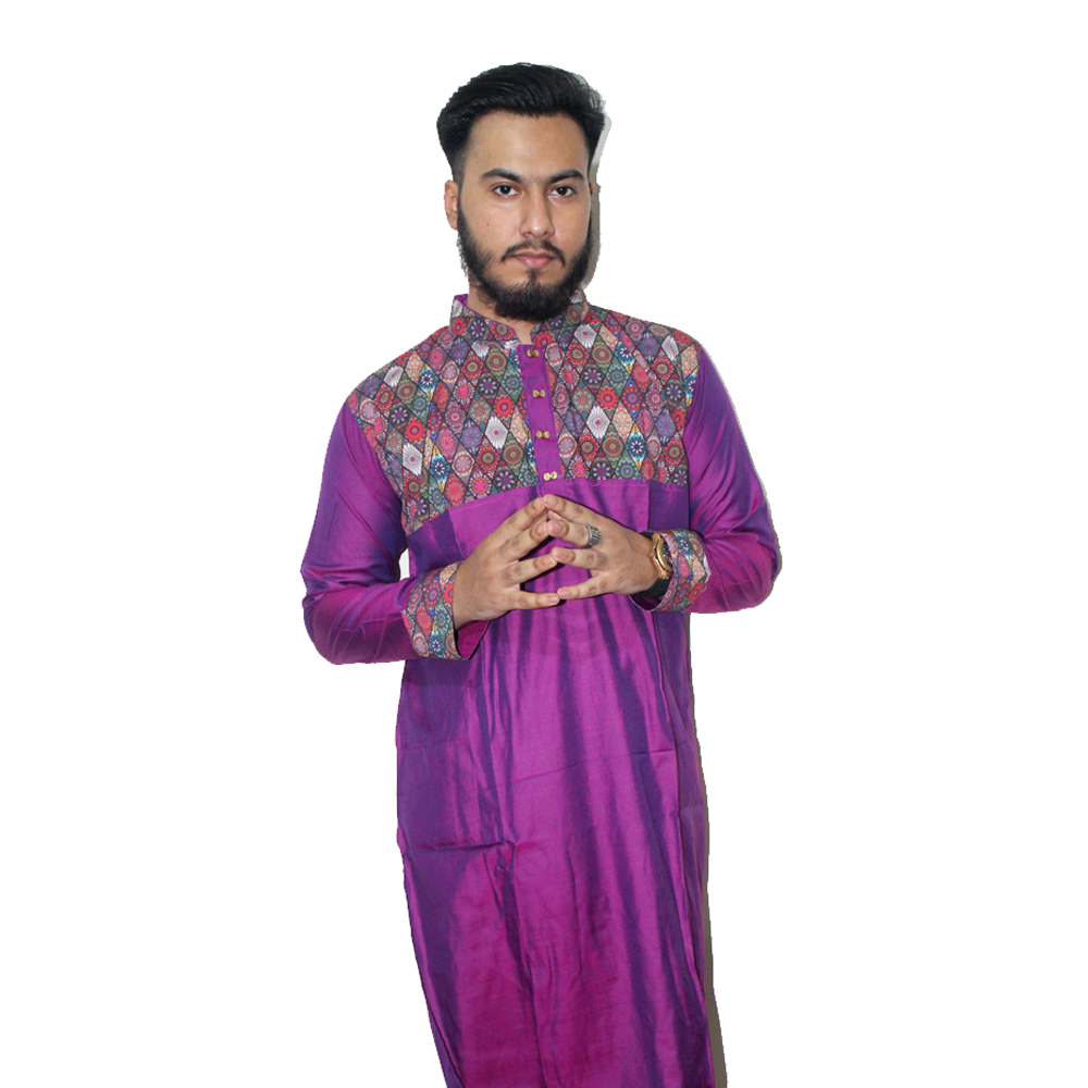 Dupion Silk Semi Long Panjabi For Men - Purple