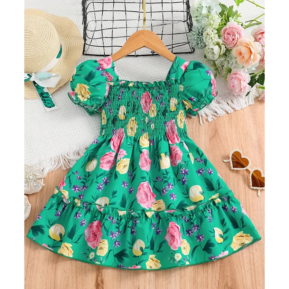 Linen 3D Printed Baby dress for Girls - Green - BD-62