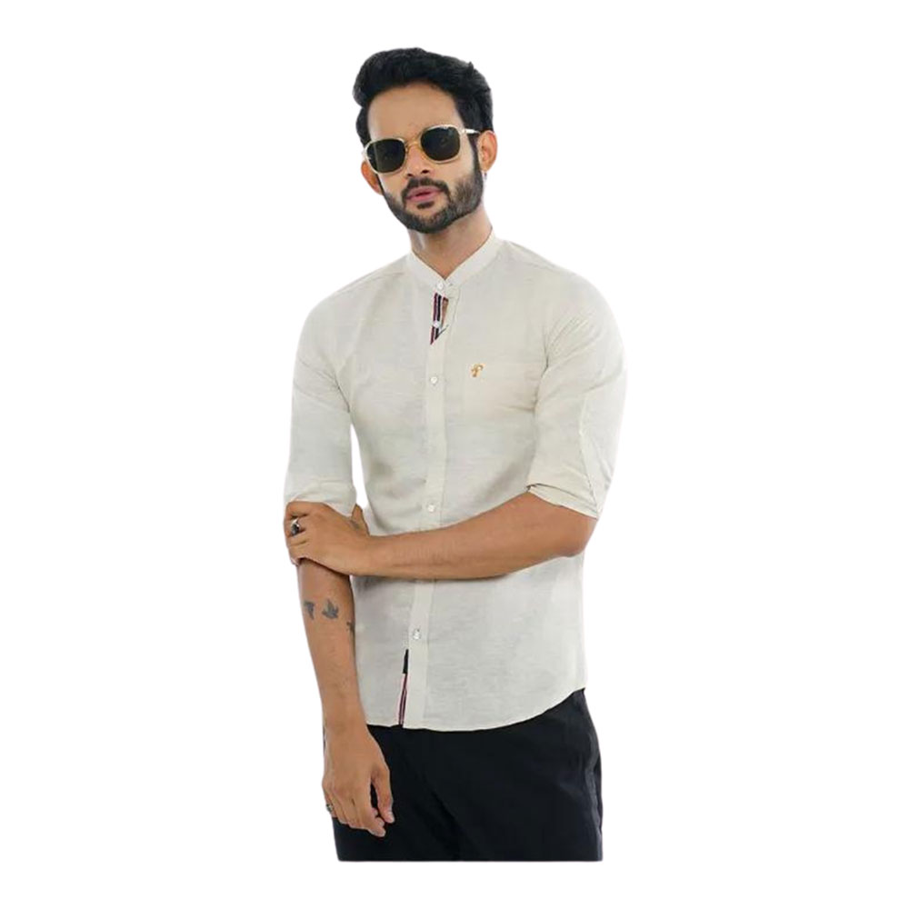 Cotton Casual Band Collar Shirt For Men - Off White