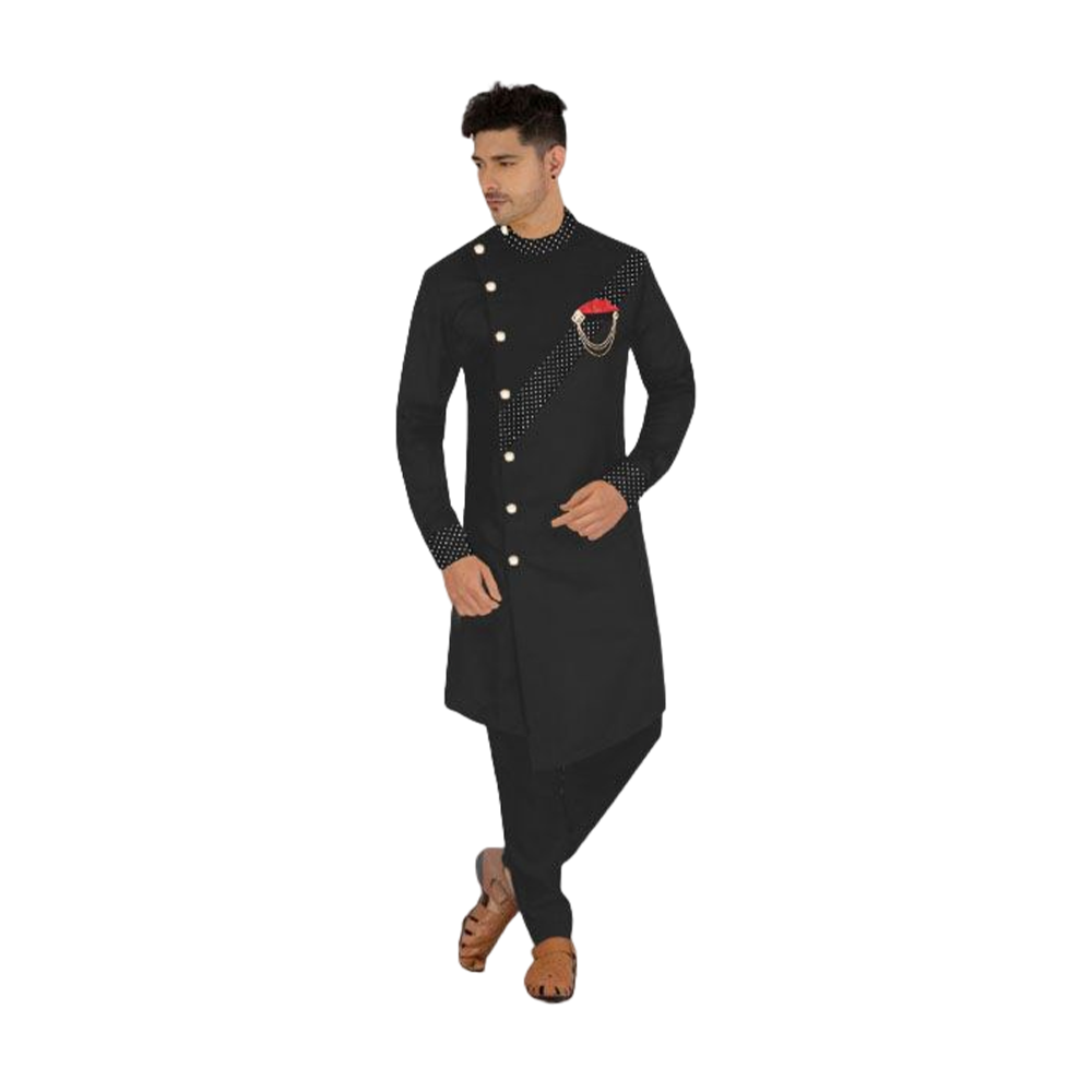 Cotton Embroidery Sherwani Panjabi With Pajama For Men - Black - PS-06