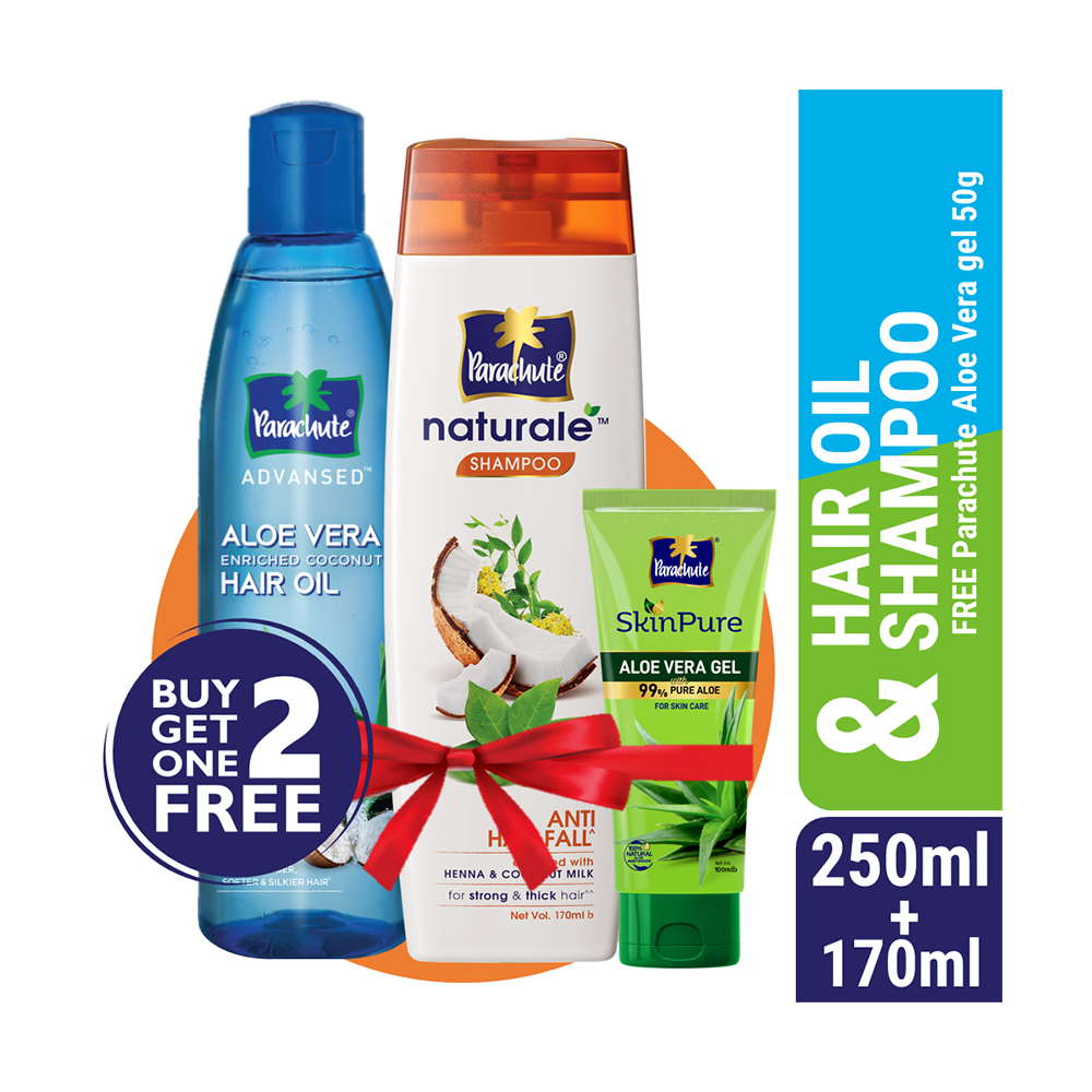 Buy Parachute Advansed Aloe Vera Enriched Coconut Hair Oil - 250ml And Parachute Naturale Anti Hair Fall Shampoo - 170ml Get SkinPure Aloe Vera Gel - 50gm Free