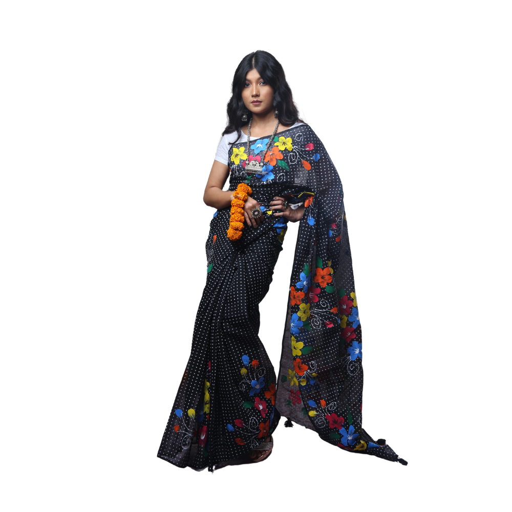 Skin Print Silk Cotton Saree For Women - Black - SC8