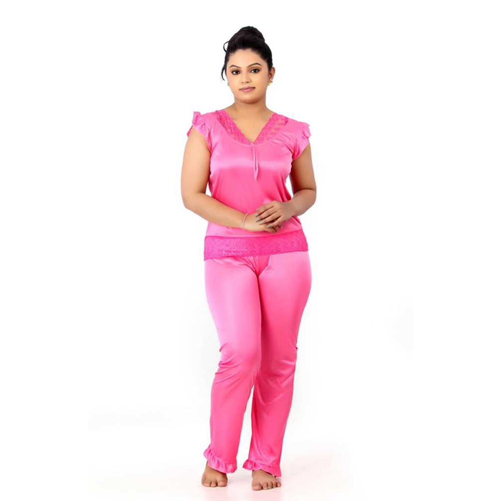 Satin Night Suit Top With Pajama - Pink - ND-84