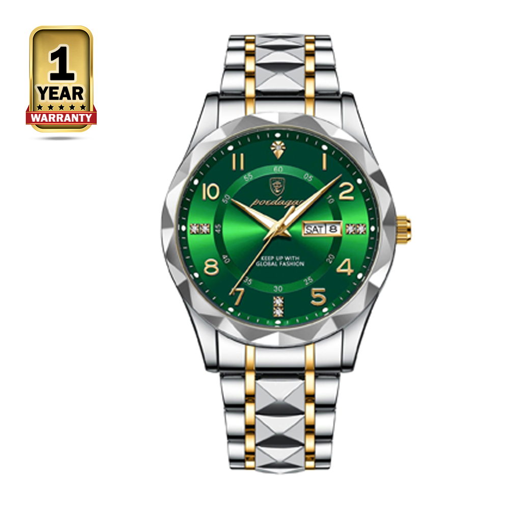 Poedagar 858 Stainless Steel Quartz Wristwatch for Men - Silver Golden and Green