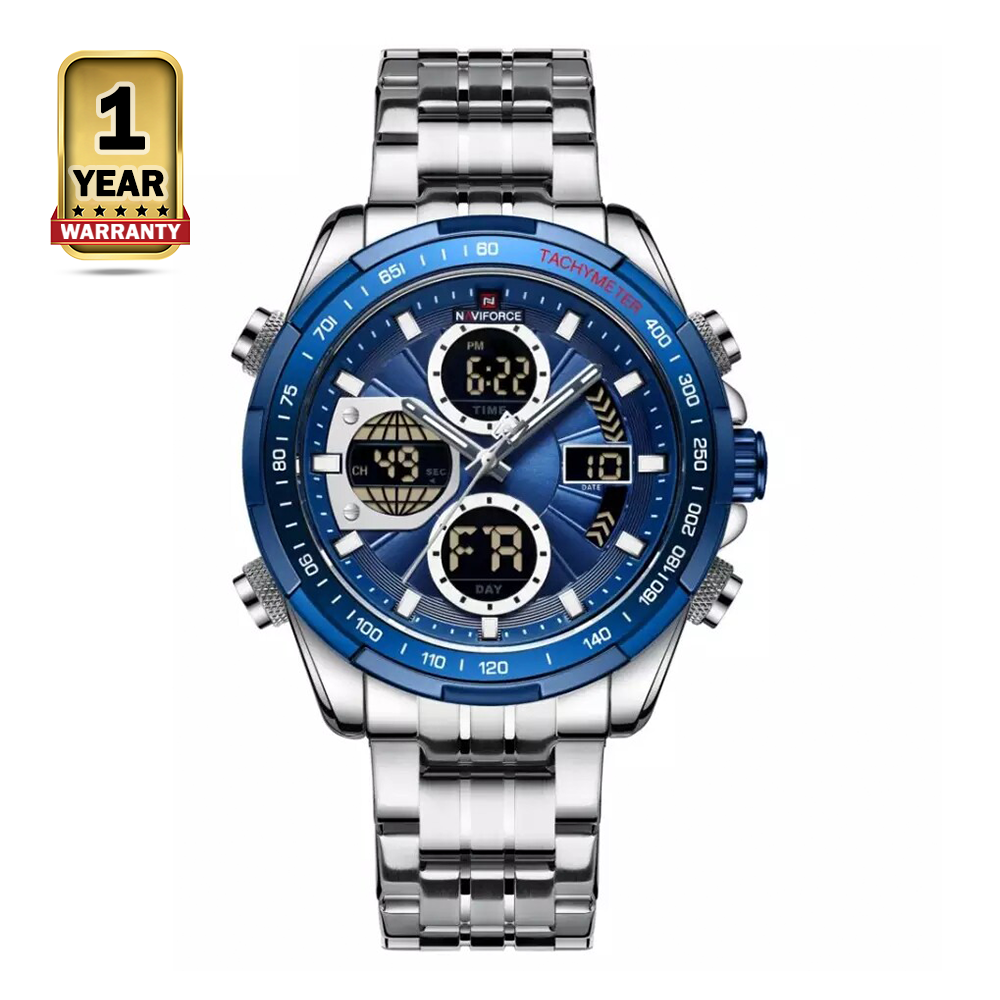 Naviforce NF9197 Stainless Steel Dual Time Watch For Men - Royal Blue and Silver