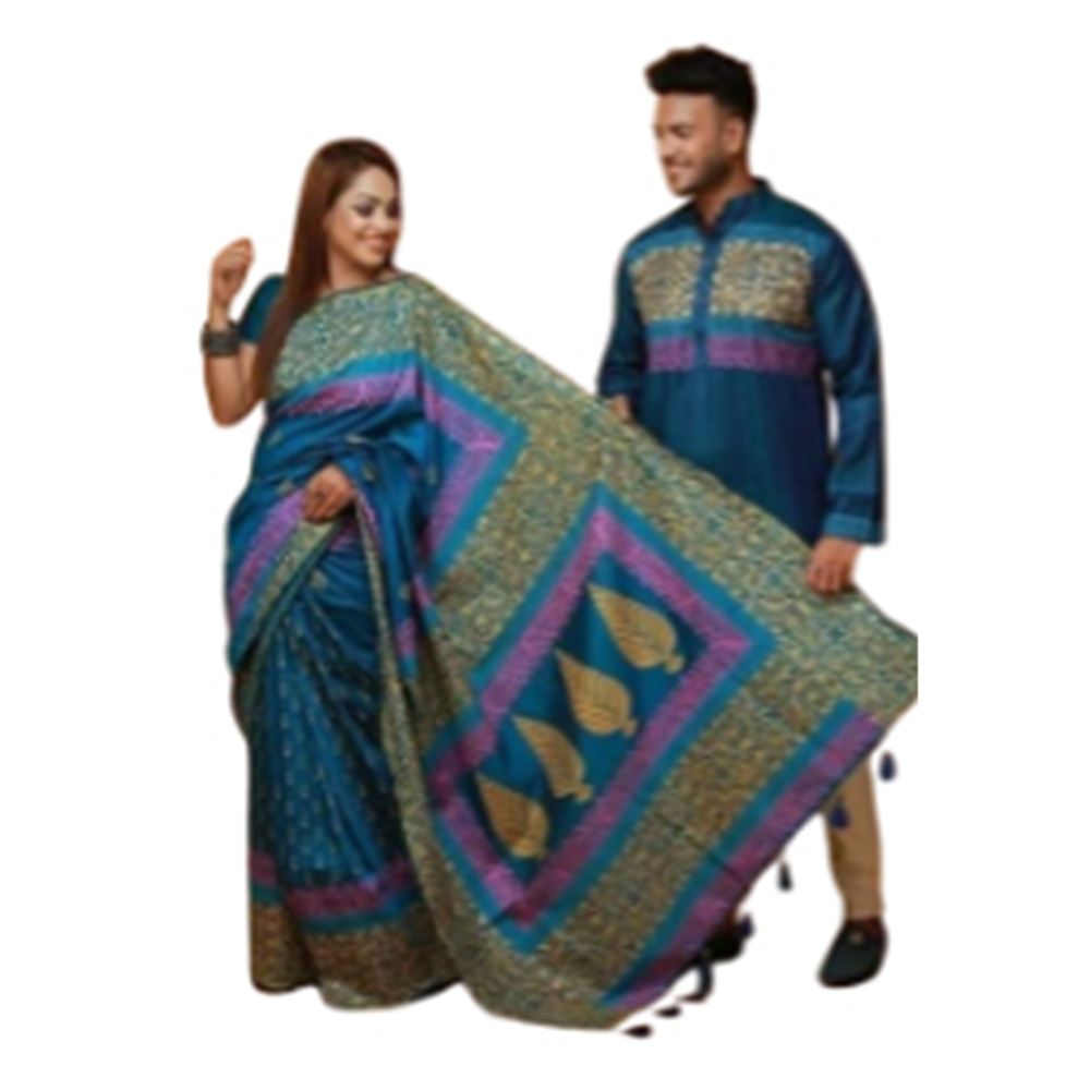 Half Silk Block Print Saree and Silk Cotton Panjabi For Couple - Deep Green - CS-B19