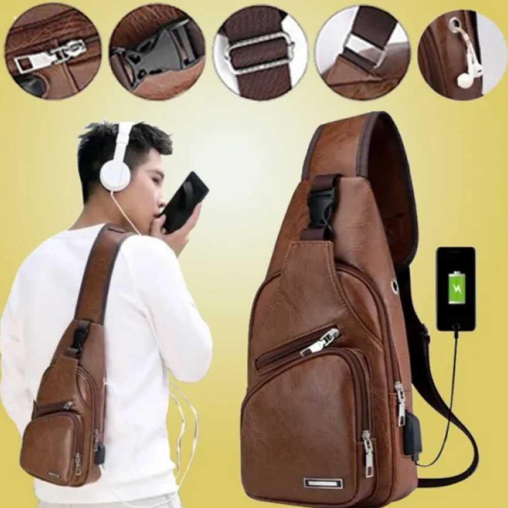 Leather Waterproof USB Crossbody Bag For Men - Brown
