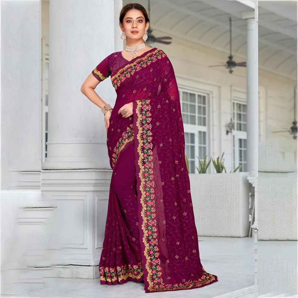 Georgette Embroidery Saree For Women - Purple