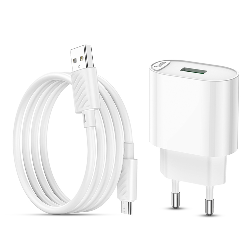 HOCO C109A QC3.0 Fast Charging Adapter  With Micro USB Cable - 18W - White