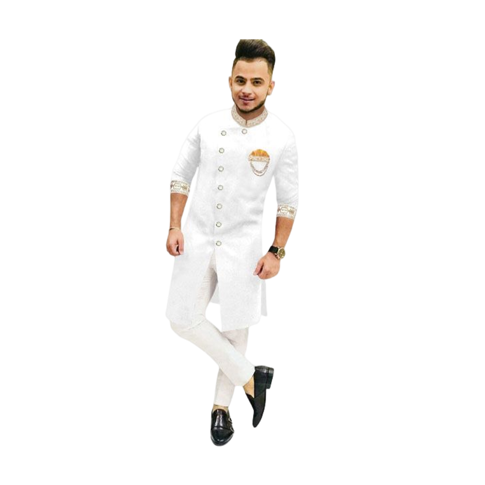 Cotton Embroidery Sherwani Panjabi With Pajama For Men - White - PS-01