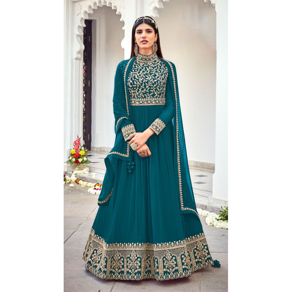 Unstitched Georgette Embroidery 4 Piece Salwar Kameez For Women - Dark Green - 4F-G3