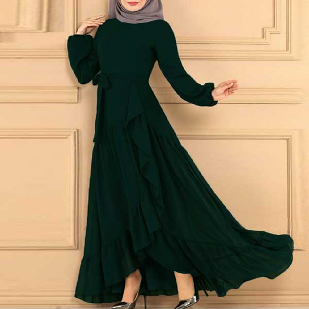 Dubai Cherry Turkish Stylish Waist Belt Borkha for Women - Battle Green - B-434