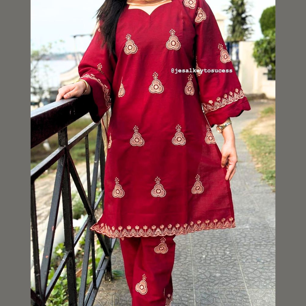 AC Cotton Pakistani Design Ready Made Three Piece For Women - Maroon