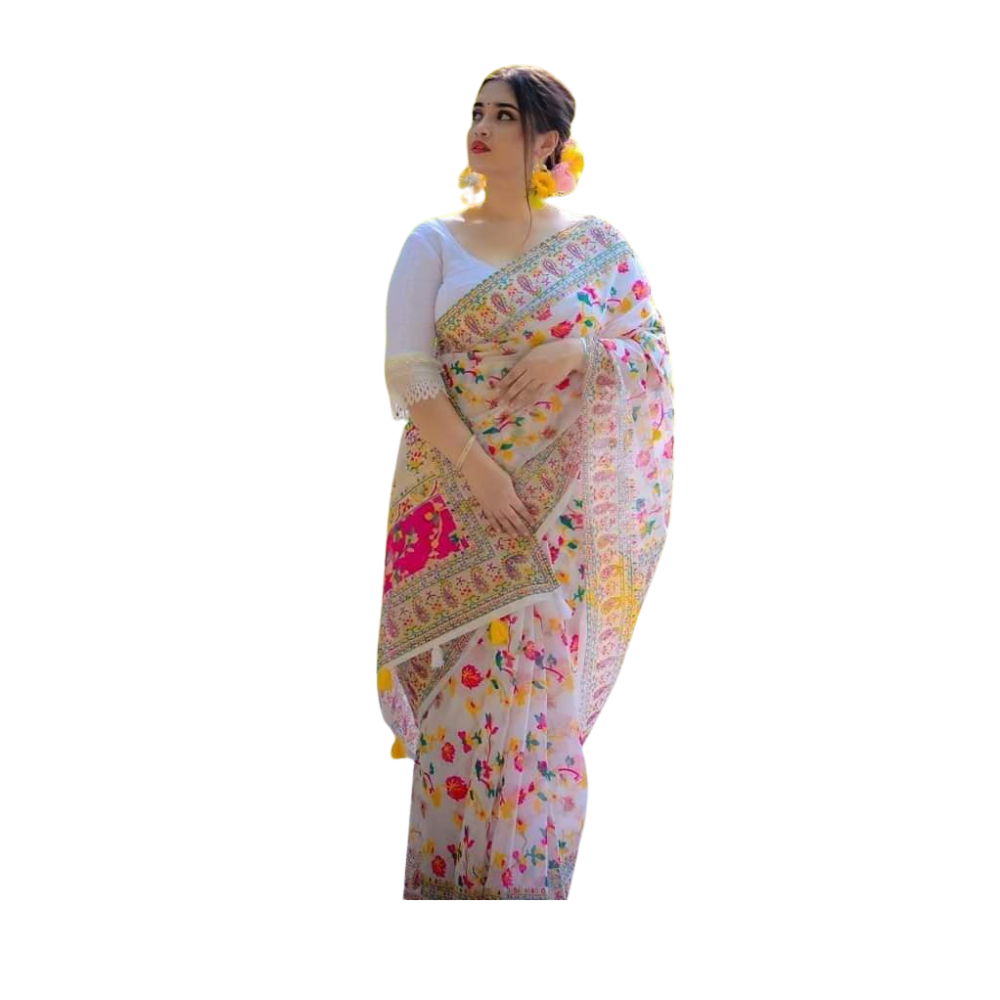 Skin Print Silk Cotton Saree For Women - White - SC31