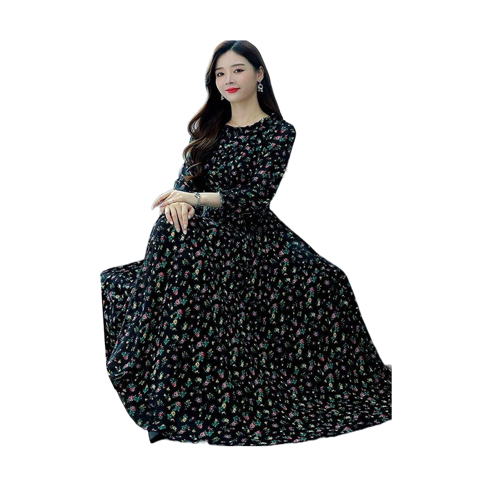 Linen 3D Screen Print Long Gown For Women - Black - G-M03