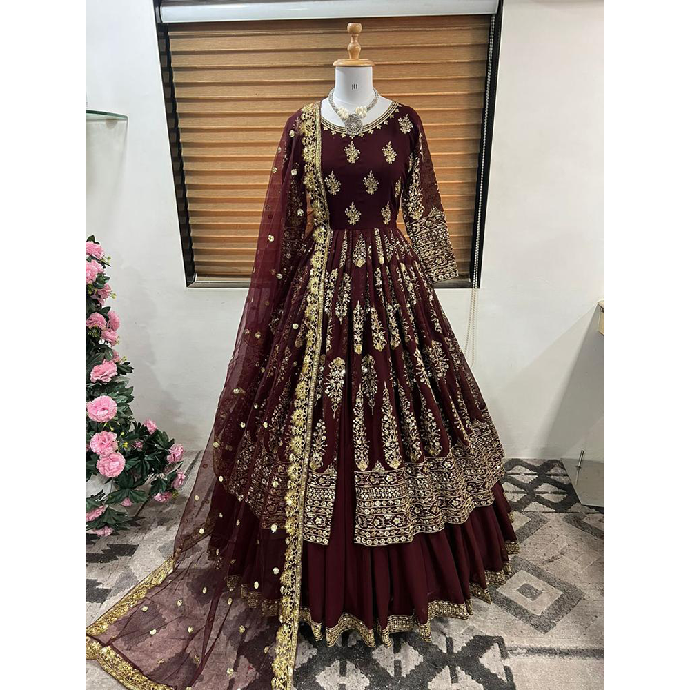 Weightless Georgette Embroidered Readymade Party Dress for Women - Dark Maroon - HP-MPD-407