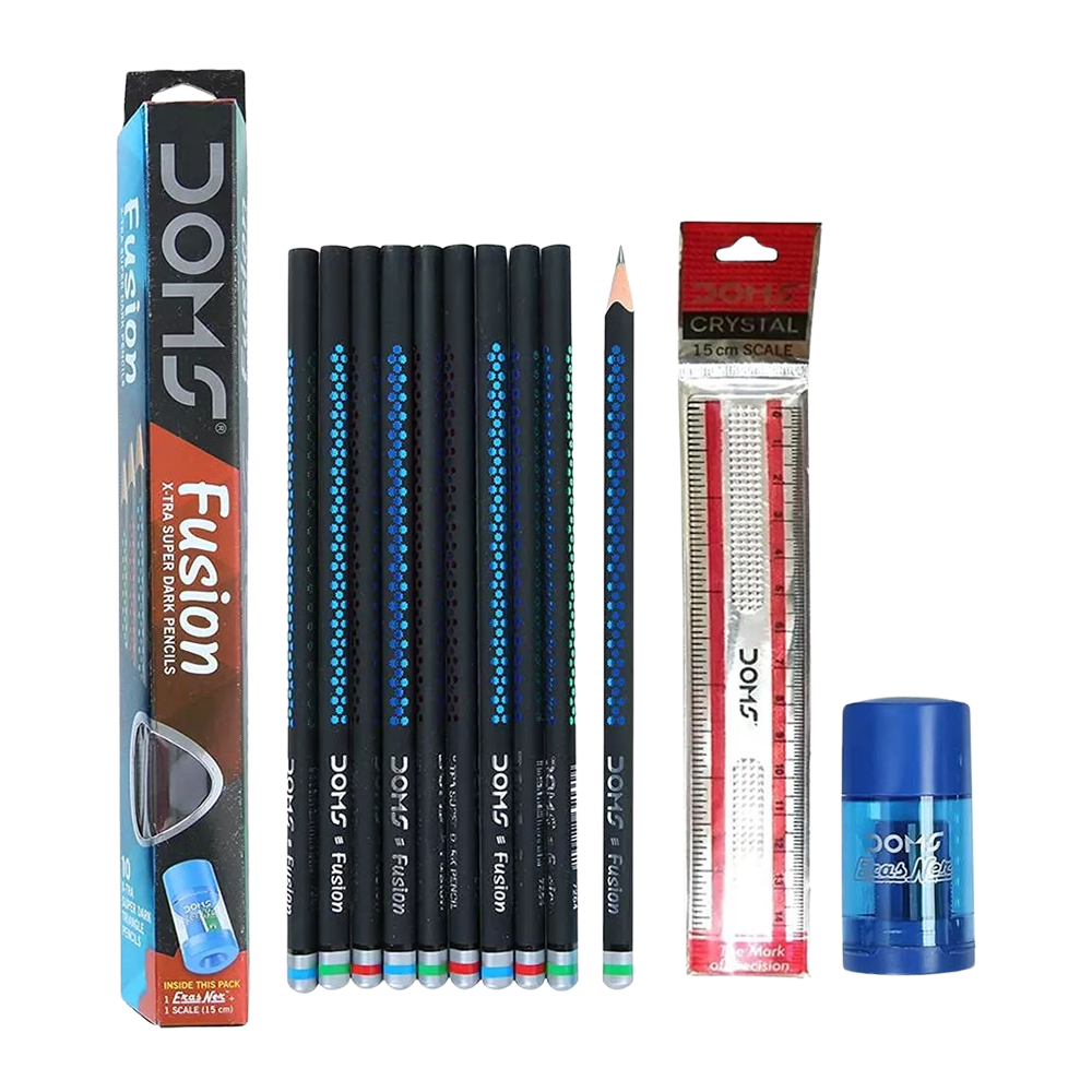 Doms Fusion X-Tra Super Dark Pencils - 10 Pcs With Free 1 Eraser, 1 Sharpener And 1 Ruler