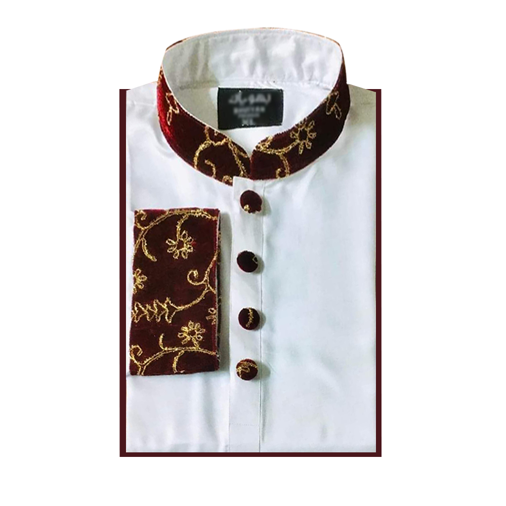 Velvet Cotton Panjabi for Men - White - BHV002