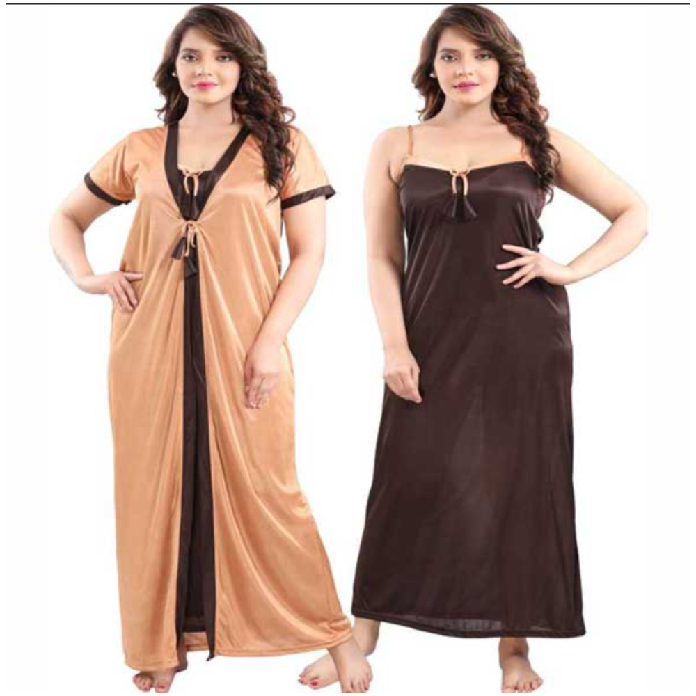 Satin Plain Long 2 part Nighty Dress With Robe - Coffee and Brown - N_3001