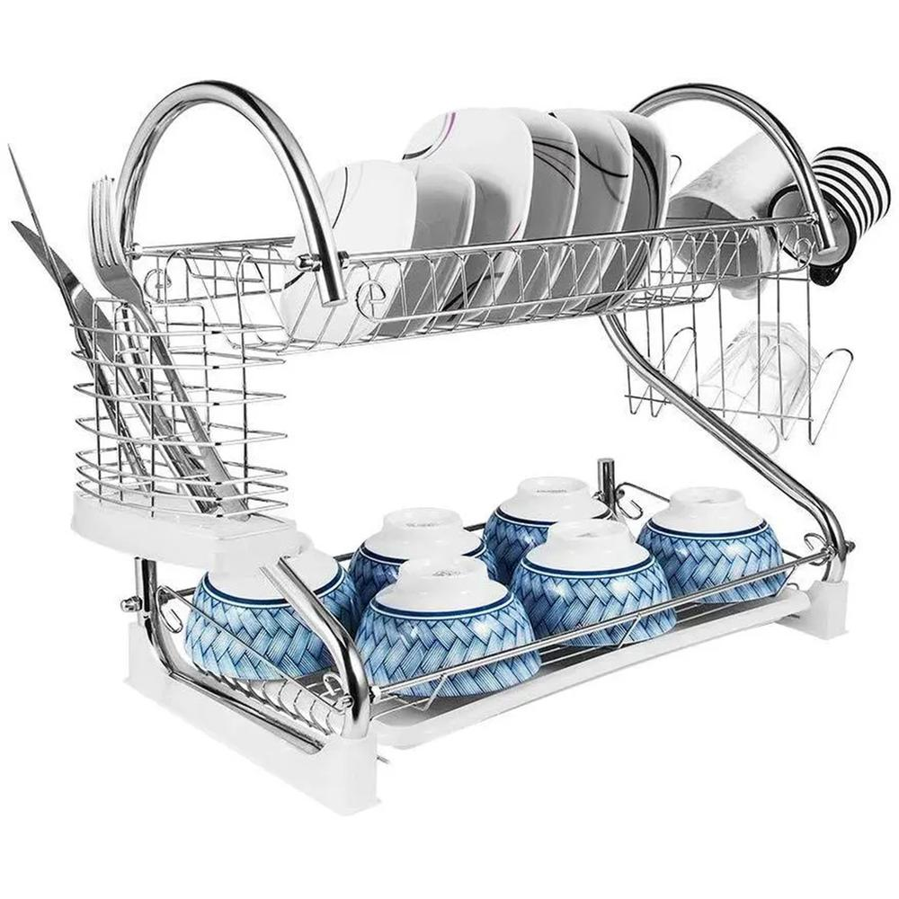 Stainless Steel 2 Layer Dish Drainer Rack - Silver