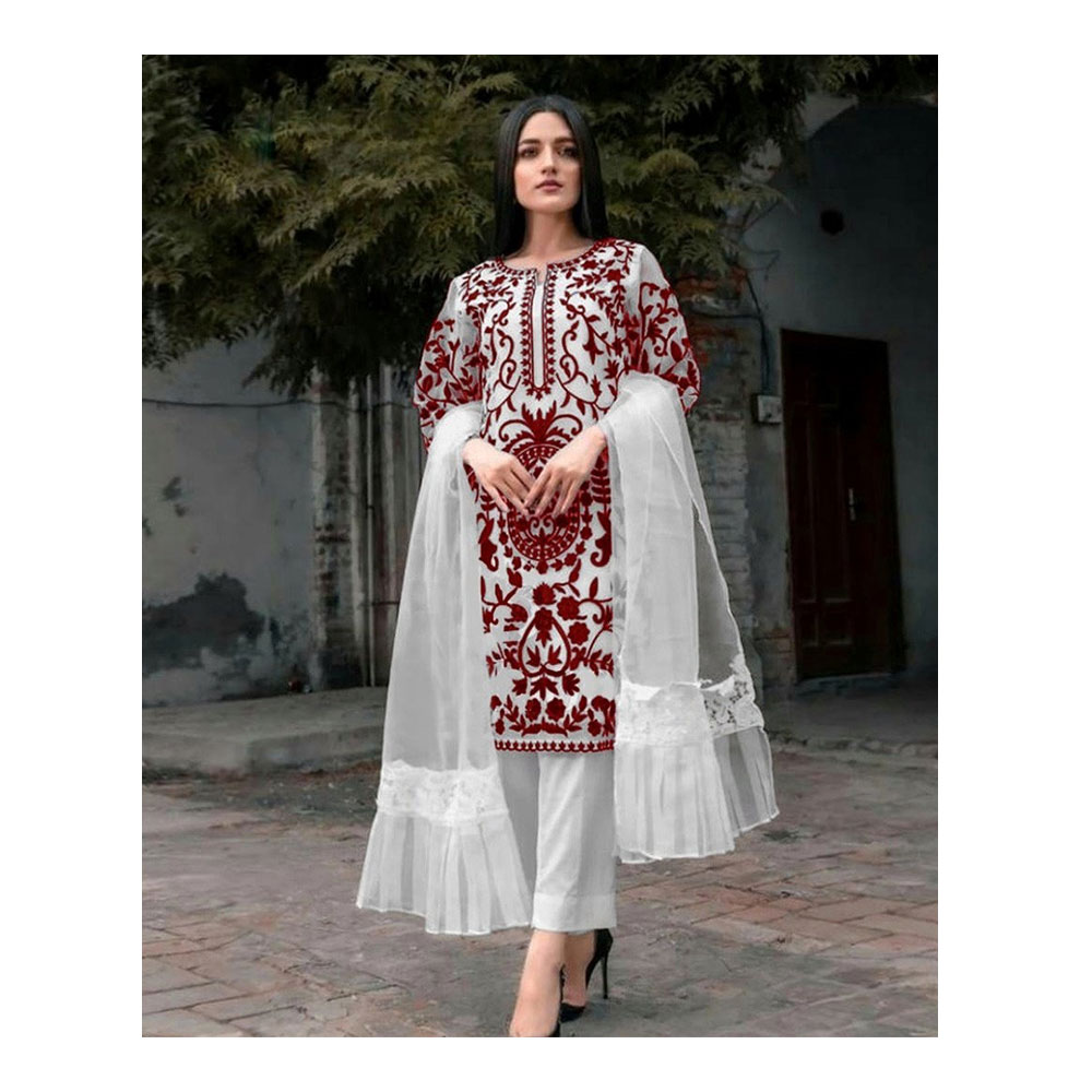 Organza Semi Stitched Embroidered Three Piece for Women - Maroon