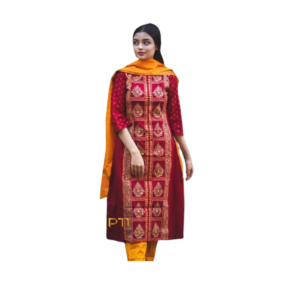 Unstitched Cotton Block Print Salwar kameez For Women - Maroon - 3P-04