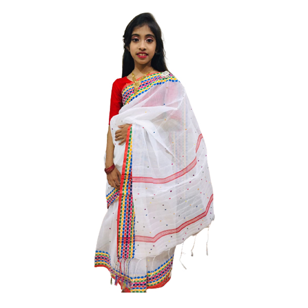 Cotton Jamdani Baby Saree For Girl - White - KS-07