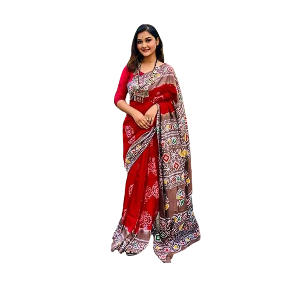 Premium Quality Silk Batik Saree With Blouse Piece - Red - SB-N12