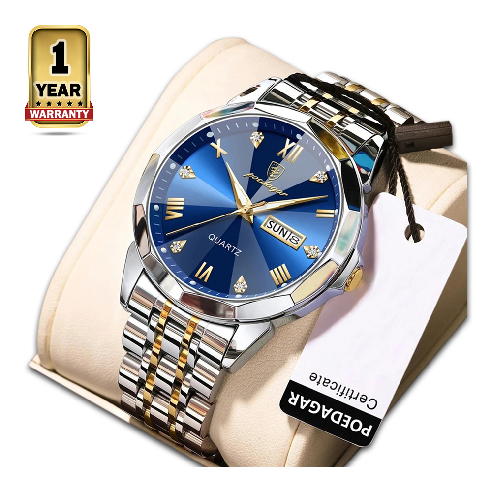 POEDAGAR 810 Quartz Stainless Steel Watch For Men - Silver and Blue