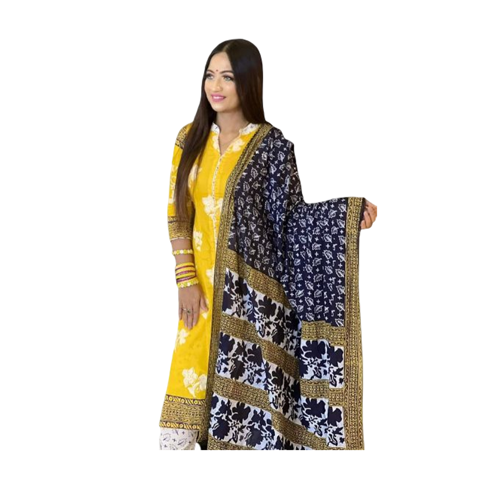 Unstitched Cotton Block Print Salwar kameez For Women - Yellow - 3P-07